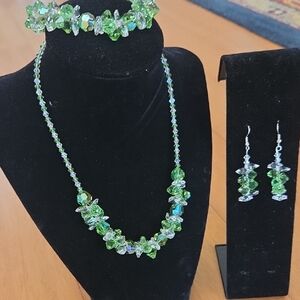 Green And Crystal Necklace, Bracelet & Earrings Set With Magnetic Closures